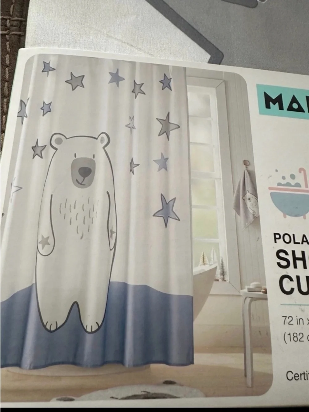Marmalade Polar Bear Shower Curtain - White & Gray with Blue Trim